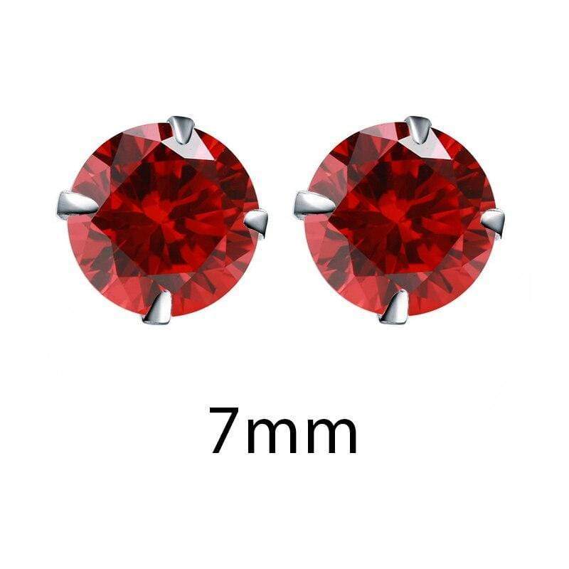 Red 7mm Crystal Zirconia 925 Sterling Silver Stud Earrings Cubic Zircon Stone