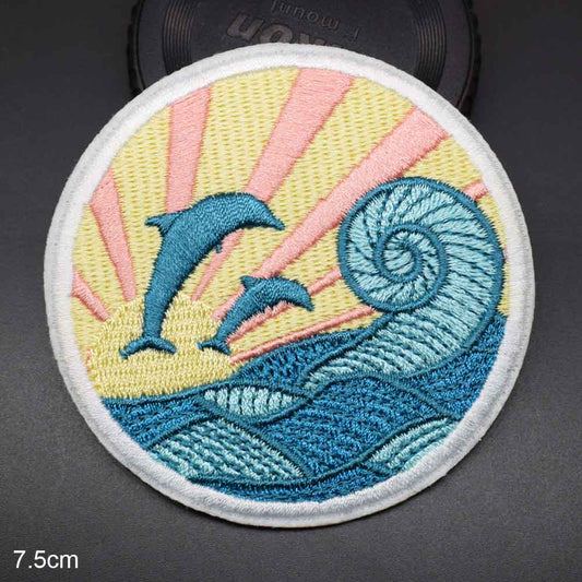 Dolphins in Sea Waves Patch Iron On Patch Sew On Patch Embroidered Badge Embroidery Applique