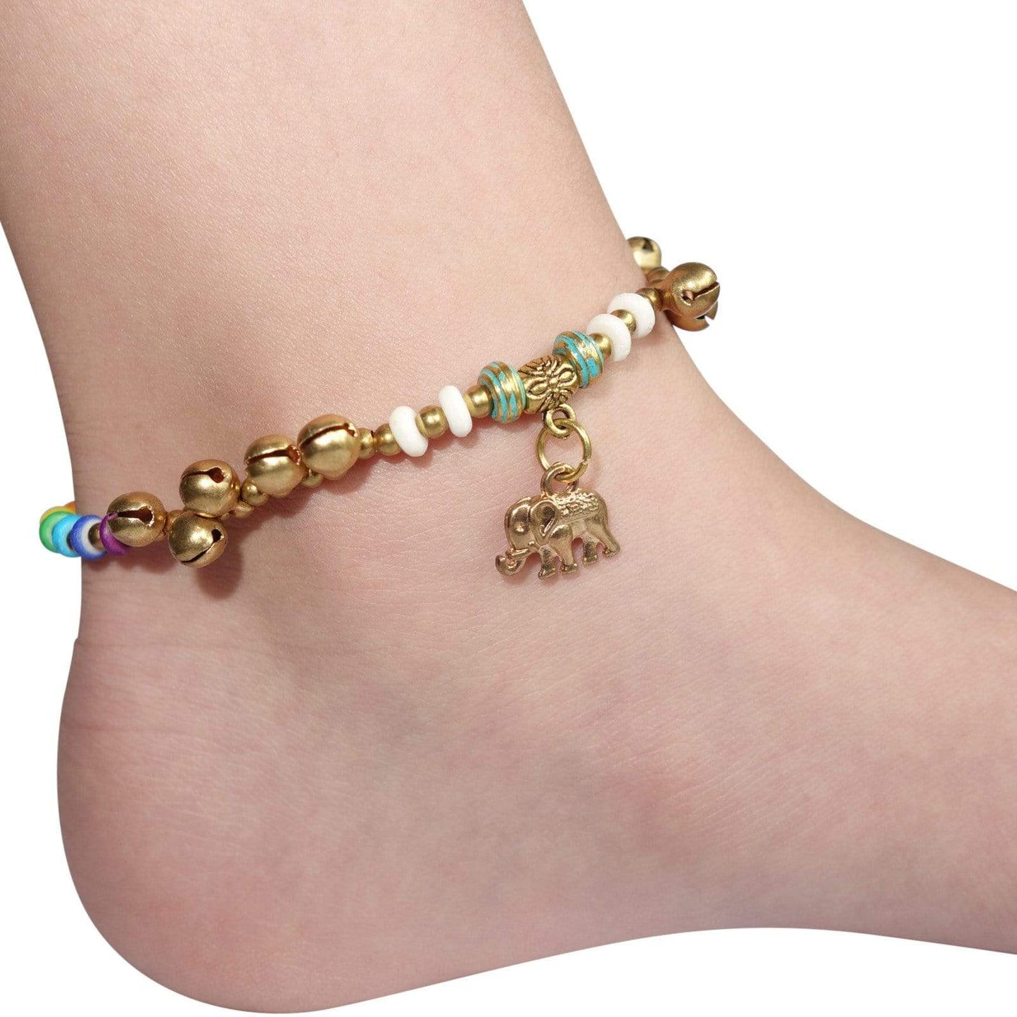 Elephant Anklet Foot Chain Ankle Bracelet Bells Rainbow Gold Colour Jewellery