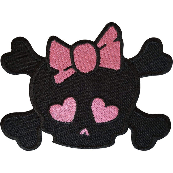 Embroidered Black Skull Pink Heart Eyes Bow Patch Badge Iron Sew On Shirt Jeans