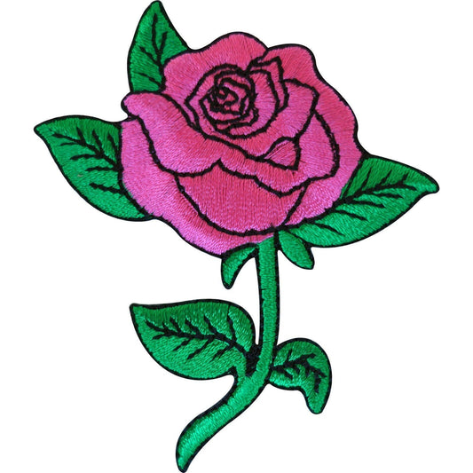 Embroidered Iron On Pink Rose Patch / Sew On Flower Badge for Clothes Jacket Bag