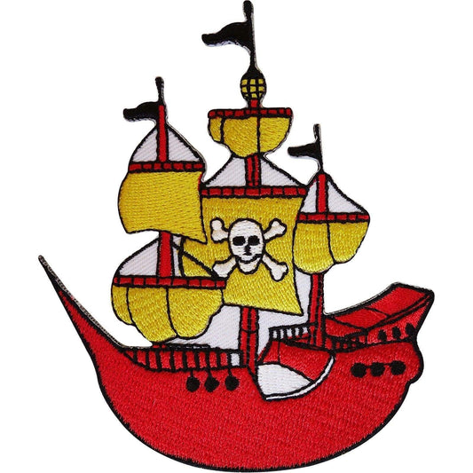 Embroidered Iron On Pirate Ship Patch Sew On Badge Jolly Roger Skull Crossbones