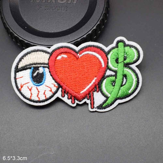 Eye Love Money Iron On Patch Sew On Patch Eyeball Red Heart Dollar Sign Embroidered Badge Embroidery Applique Motif