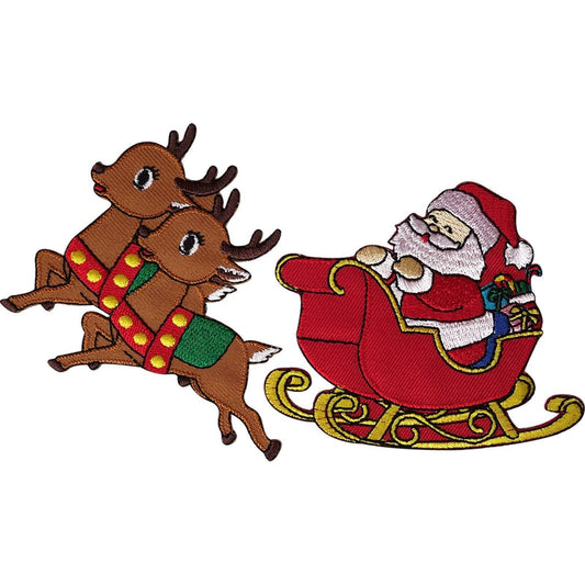 Father Christmas Santa Claus Sleigh Reindeer Patch Embroidered Iron Sew On Badge