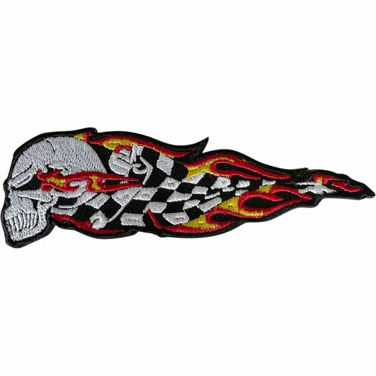 Fire Flame Skull F1 Motorbike Patch Iron Sew On Checkered Flag Embroidered Badge