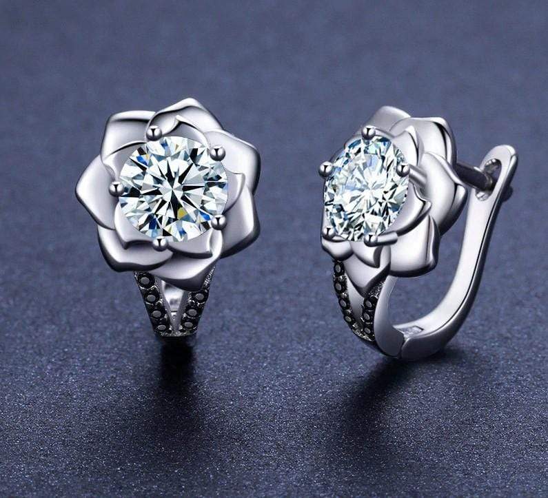 Flower 925 Sterling Silver Stud Earrings Zircon Crystals Black Spinel Gemstones