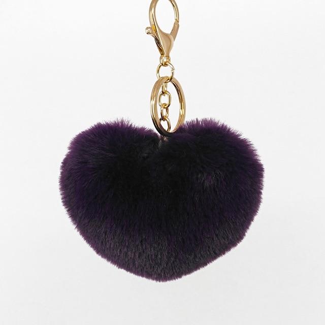 Purple Fluffy Heart Pom Pom Keyring Furry Pompom Keychain Key Fob
