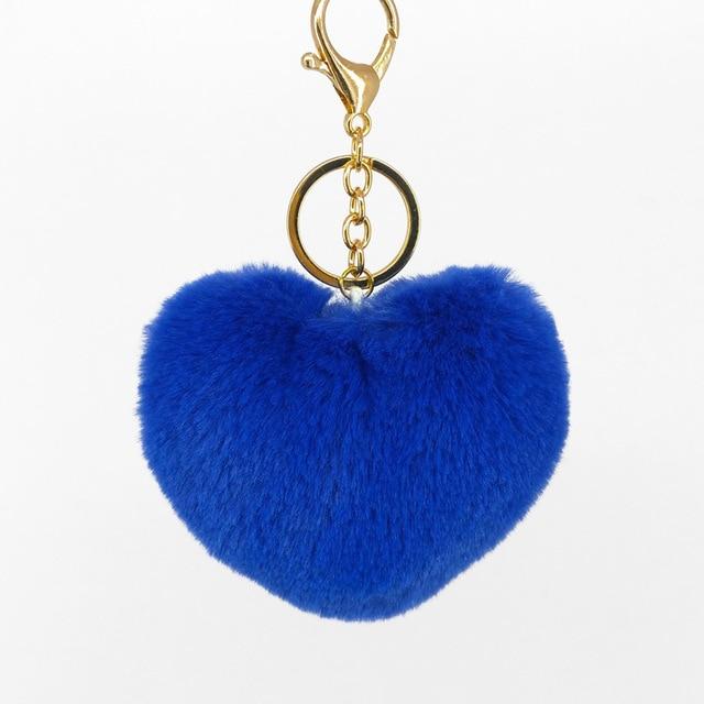 Blue Fluffy Heart Pom Pom Keyring Furry Pompom Keychain Key Fob