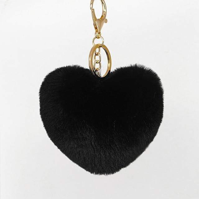 Black Fluffy Heart Pom Pom Keyring Furry Pompom Keychain Key Fob