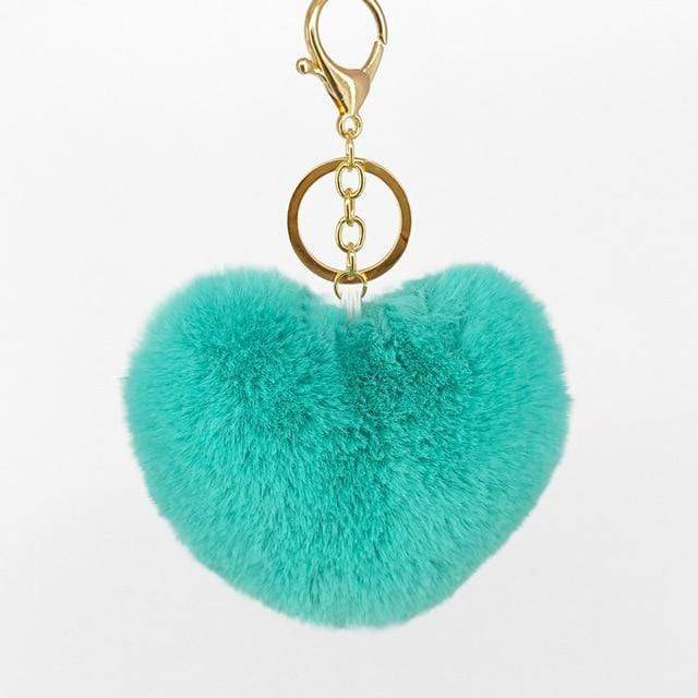 Turquoise Lake Blue Fluffy Heart Pom Pom Keyring Furry Pompom Keychain Key Fob