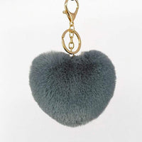 Grey Fluffy Heart Pom Pom Keyring Furry Pompom Keychain Key Fob