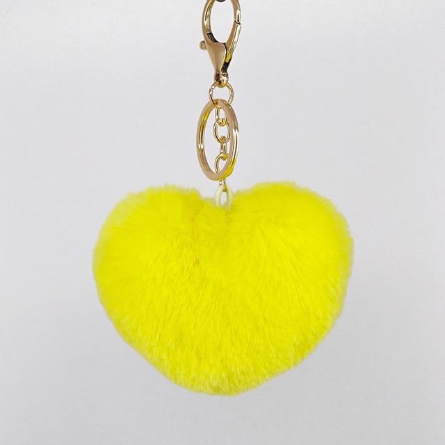 Fluorescent Yellow Fluffy Heart Pom Pom Keyring Furry Pompom Keychain Key Fob