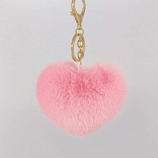 Pink Fluffy Heart Pom Pom Keyring Furry Pompom Keychain Key Fob