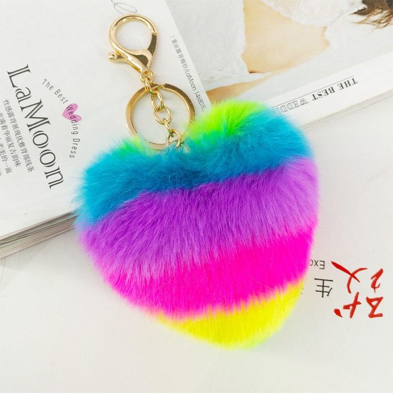 Rainbow Heart Fluffy Heart Pom Pom Keyring Furry Pompom Keychain Key Fob