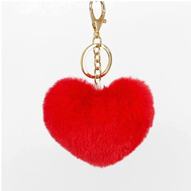 Red Fluffy Heart Pom Pom Keyring Furry Pompom Keychain Key Fob
