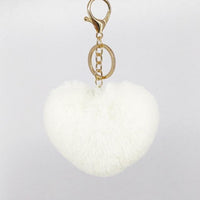 White Fluffy Heart Pom Pom Keyring Furry Pompom Keychain Key Fob