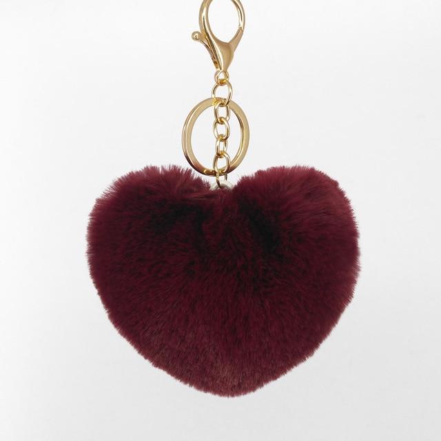 Wine Red Fluffy Heart Pom Pom Keyring Furry Pompom Keychain Key Fob