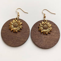 Gold Alloy Sunflower Hook Dangle Round Wood Earrings