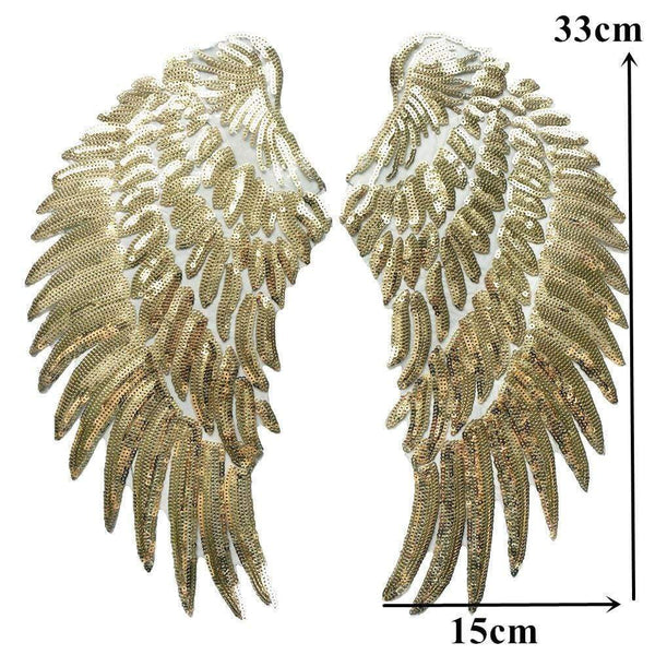 Gold Angel Wings Iron On Large Patch / Sew On Cherub Wings Sequin Embroidered Badge Sequins Embroidery Applique