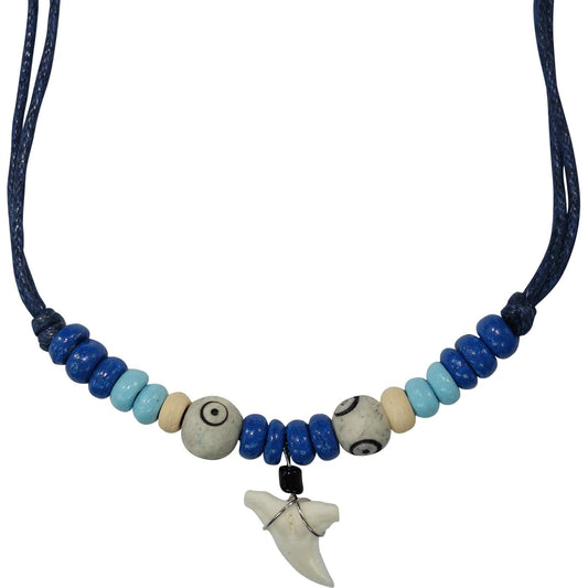 Imitation Resin Shark Tooth Pendant Blue Cord Chain Wood Beads Surf Necklace Men Women Jewellery