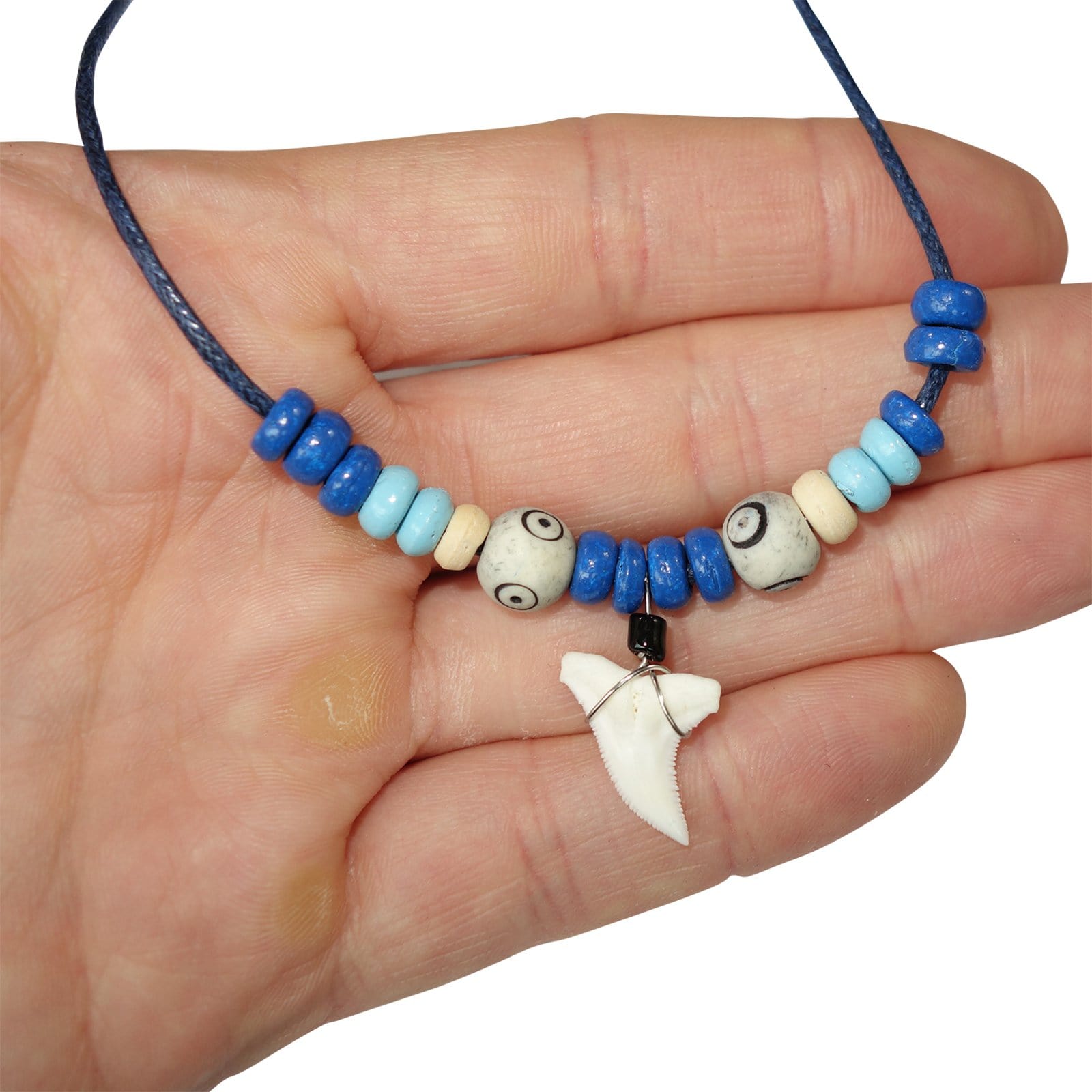 Imitation Resin Shark Tooth Pendant Blue Cord Chain Wood Beads Surf Necklace Men Women Jewellery