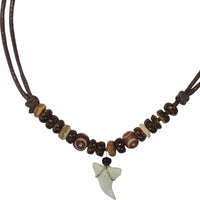 Imitation Resin Shark Tooth Pendant Brown Cord Chain Wooden Beads Surfer Necklace Mens Jewellery