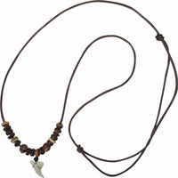 Imitation Resin Shark Tooth Pendant Brown Cord Chain Wooden Beads Surfer Necklace Mens Jewellery