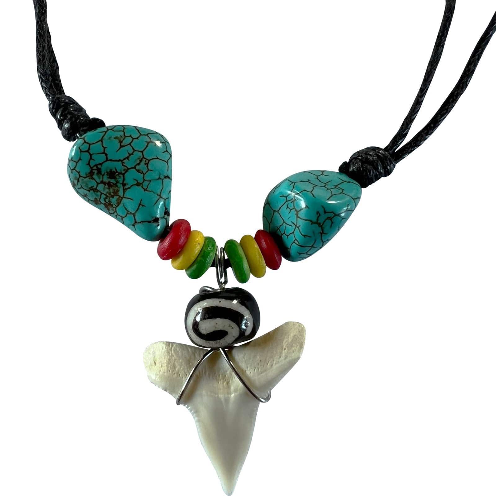 Imitation Resin Shark Tooth Pendant Necklace Cord Chain Rasta Reggae Turquoise Beads Jewellery