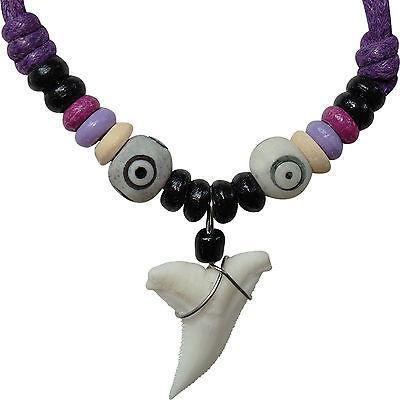 Shark Tooth Pendant Purple Cord Chain Wood Beads Surfer Necklace Girls Jewellery Shark Tooth Pendant Purple Cord Chain Wood Beads Surfer Necklace Girls Jewellery