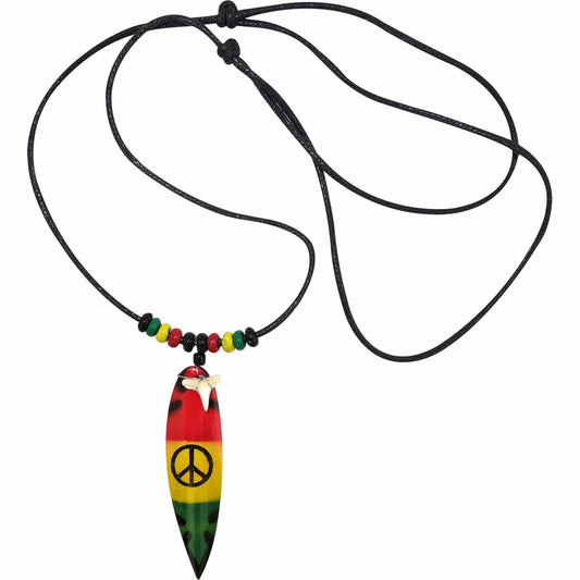 Wood Surfboard Pendant Shark Tooth Necklace Chain Wooden Rasta Peace Sign Symbol