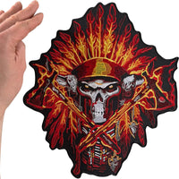 Iron Or Sew On Big Large Embroidered Patch Indian Skull Feather Flames Tomahawk