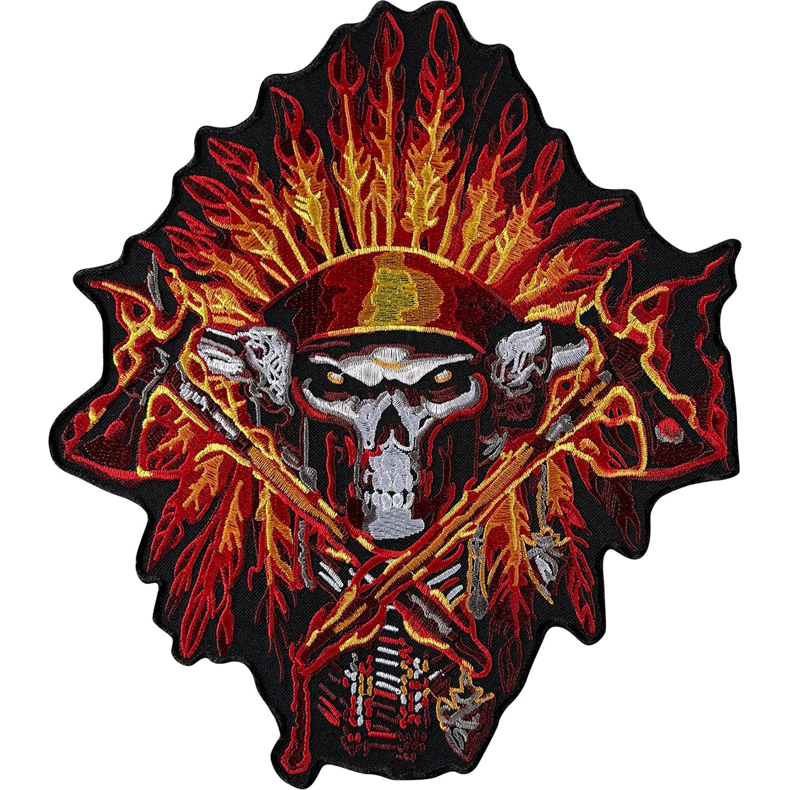 Iron Or Sew On Big Large Embroidered Patch Indian Skull Feather Flames Tomahawk
