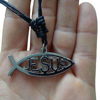Jesus Fish Silver Tone Pendant Chain Necklace Catholic Christian Bible Church