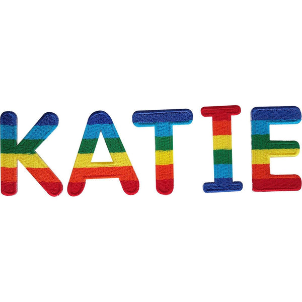 KATIE Name Patch Embroidered Rainbow Letters Tag Label Badge Iron Sew On Clothes