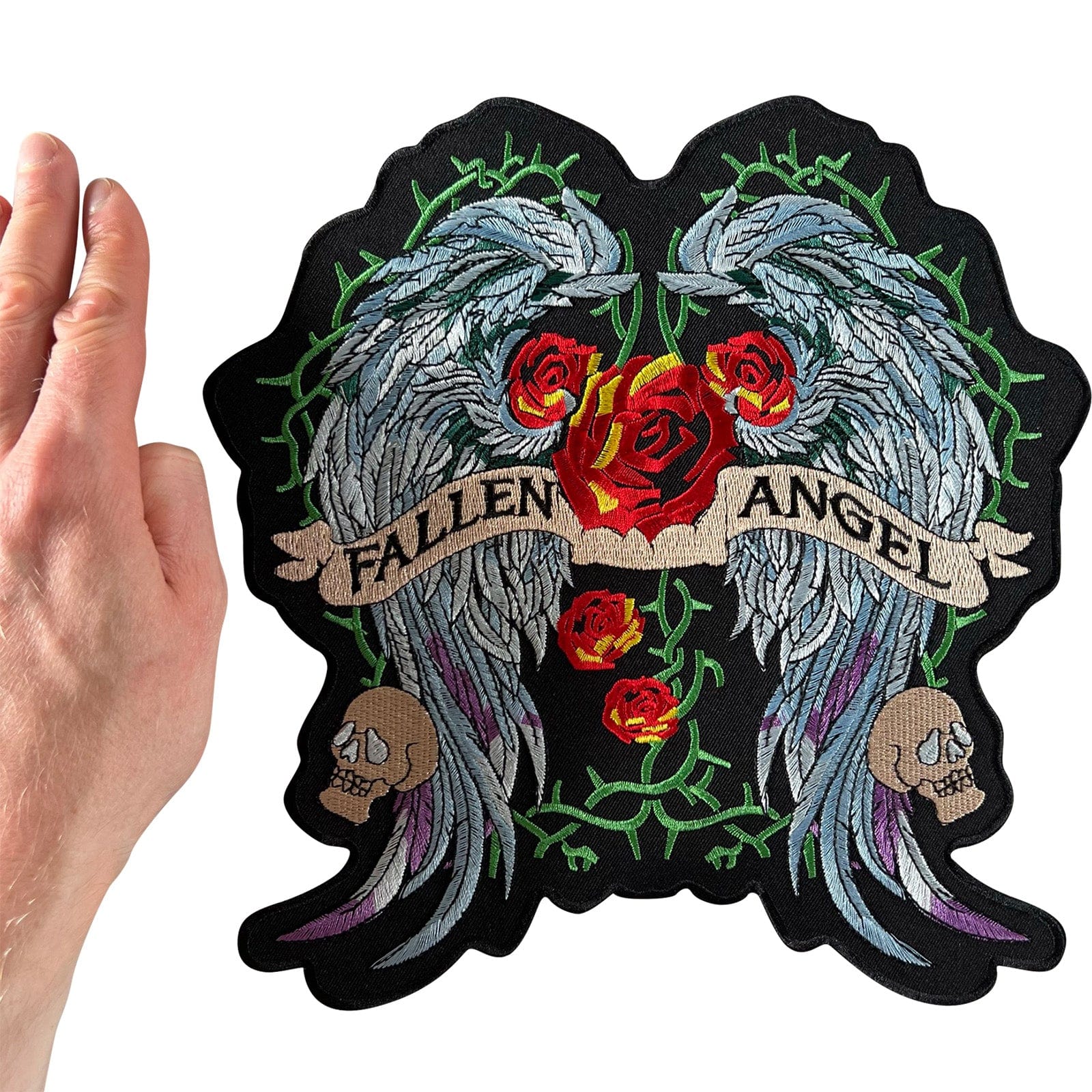 Large Angel Wings Red Roses Skulls Back Patch Iron Sew On Big Embroidered Badge