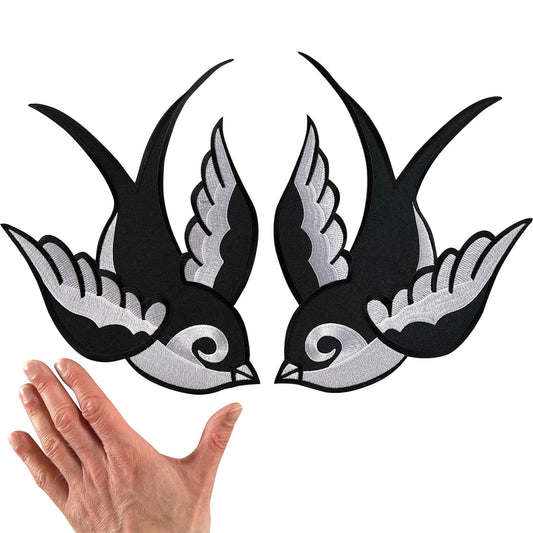 Large Pair Of Black White Swallow Bird Patches Iron Sew On Big Embroidery Badges