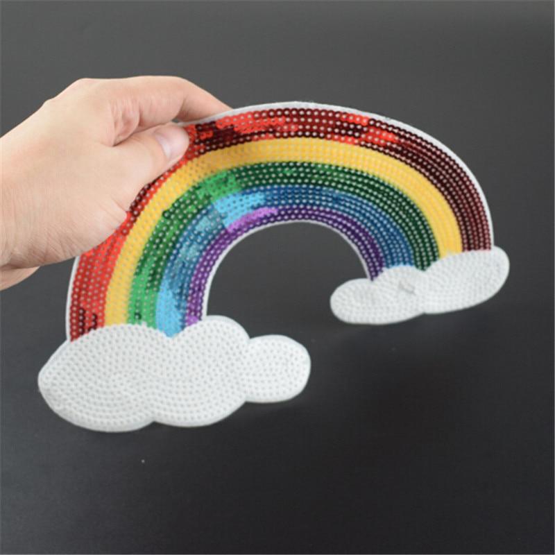 Large Sequin Rainbow Patch Clouds Sew On Patch Big Embroidered Badge Embroidery Applique Motif