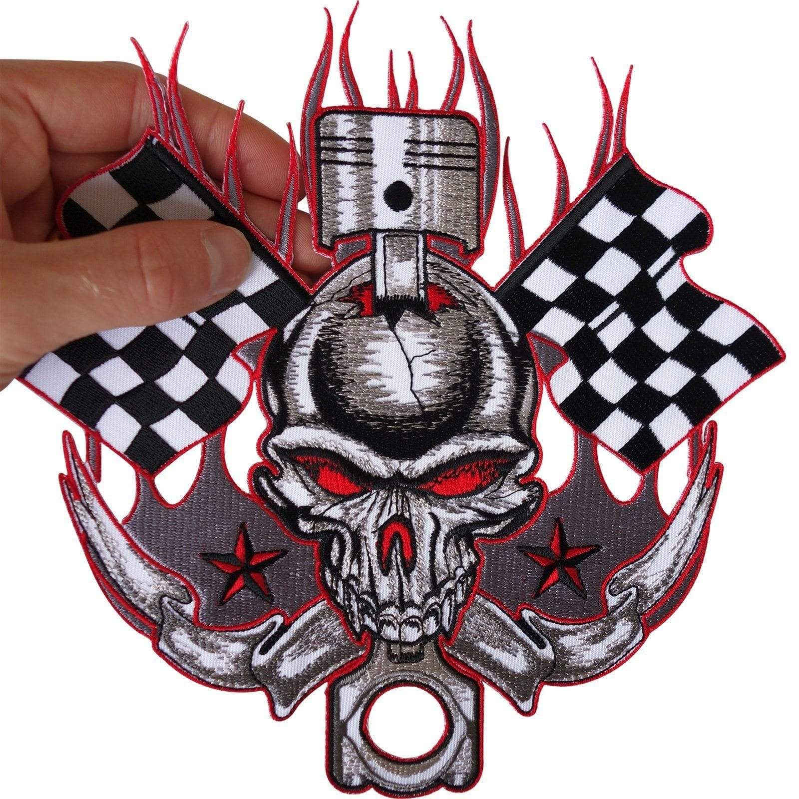 Large Sew / Iron On Bike Racing Flag Skull Patch Motorcycle Biker Jacket Badge