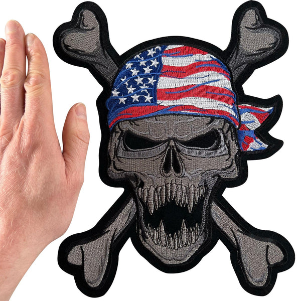 Large USA Flag Skull and Crossbones Patch Iron On Sew On Jacket Vest Biker Badge