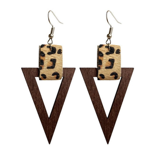 Leopard Triangle Wood Dangle Hook Earrings