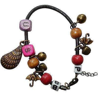 Letters P B S U Shell Umbrellas Wood Beads Bells Charm Bracelet Wristband Bangle