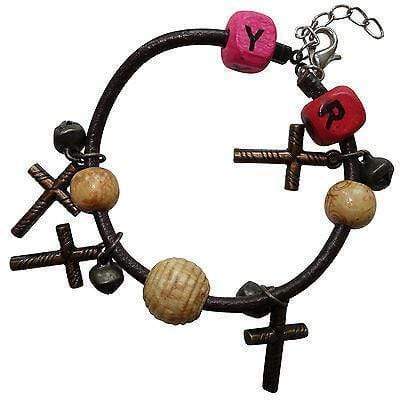 Letters Y R Jesus Crucifix Cross Wood Bead Bell Charms Bracelet Wristband Bangle
