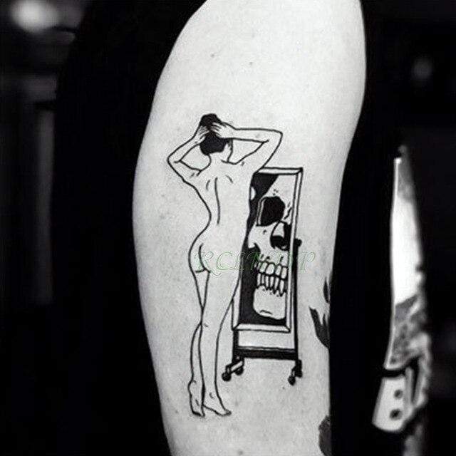 Naked Woman Skull Mirror Temporary Tattoo Sticker Removable Stick On Transfer Flash Fake Tattoo