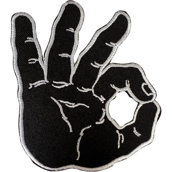OK Hand Sign Patch Iron Sew On Clothes Bag Denim Jeans Black Embroidered Badge