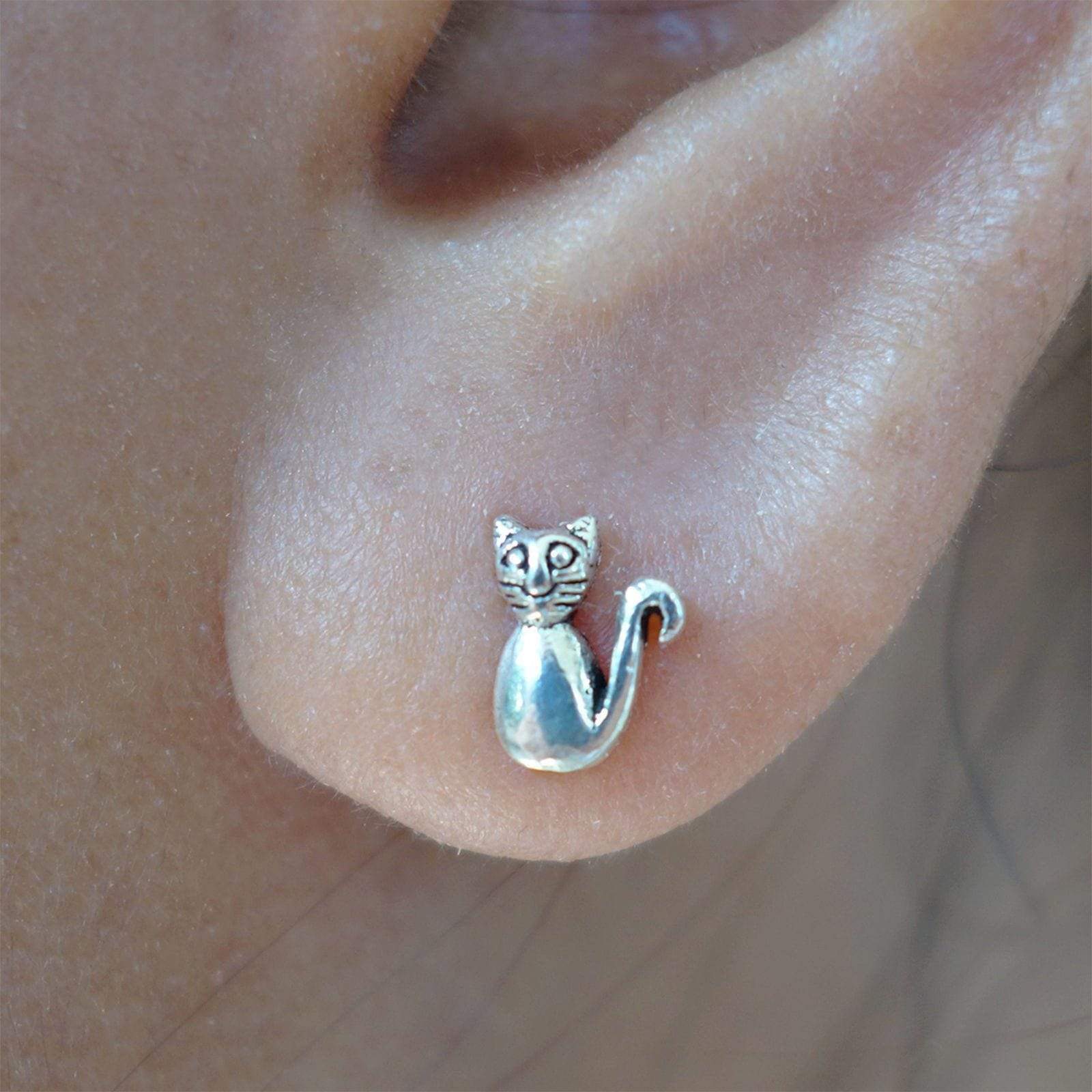 Pair 925 Sterling Silver Cat Earrings Ear Studs Women Girl Ladies Stud Jewellery