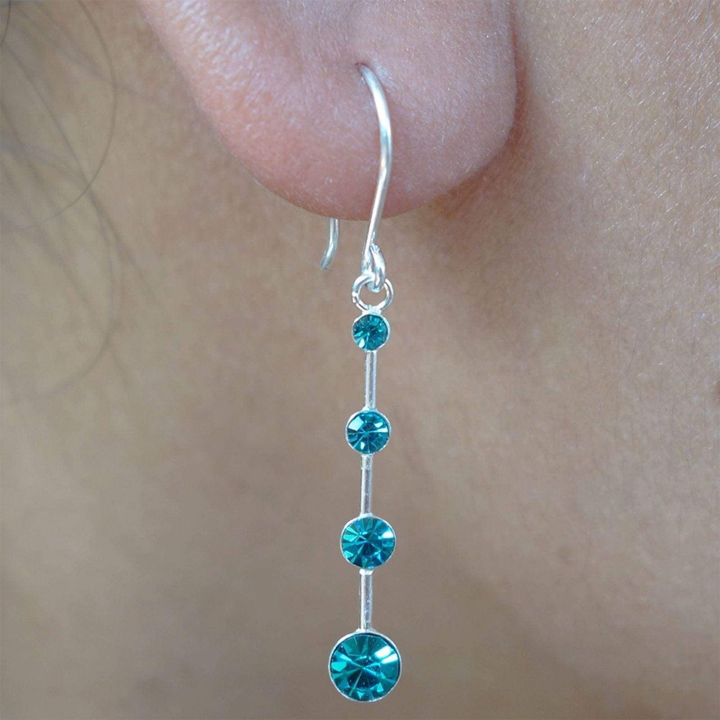 Pair 925 Sterling Silver Drop Stud Earrings Turquoise Crystal Dangle Ear Studs