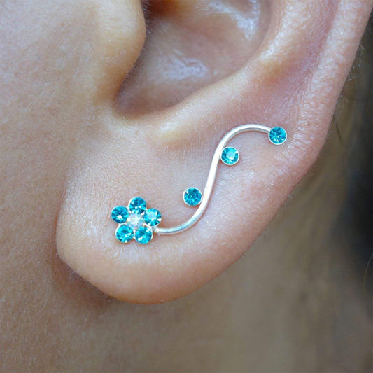 Pair 925 Sterling Silver Ear Cuff Stud Earrings Turquoise Crystal Flower Cuffs