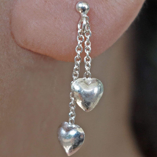 Pair 925 Sterling Silver Heart Stud Earrings Studs Dangle Drop Chain Jewellery
