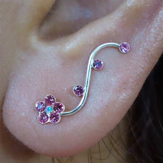 Pair 925 Sterling Silver Pink Flower Ear Cuff Stud Earrings Ladies Crystal Cuffs