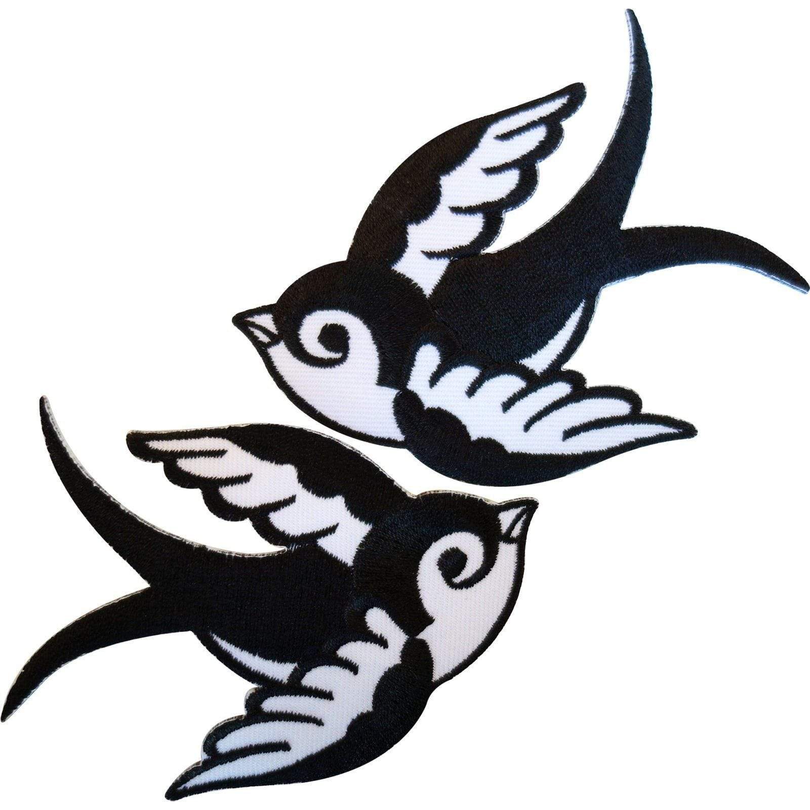 Pair Black White Iron Sew On Embroidered Swallow Patch Clothes Badge Bird Biker